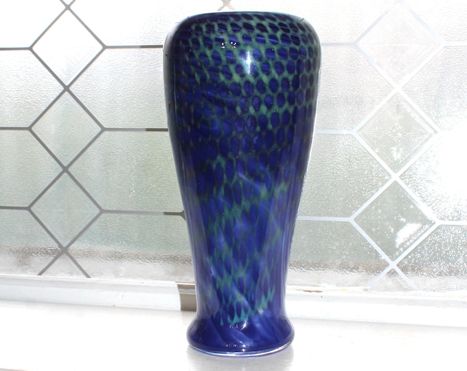 Large Studio Art Glass Vase Cobalt Blue & Dragon Scale Signed Kirby
