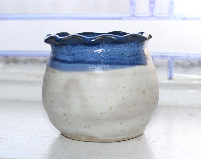 Vintage Studio Pottery Stash Jar Crimped Rim Blue and White