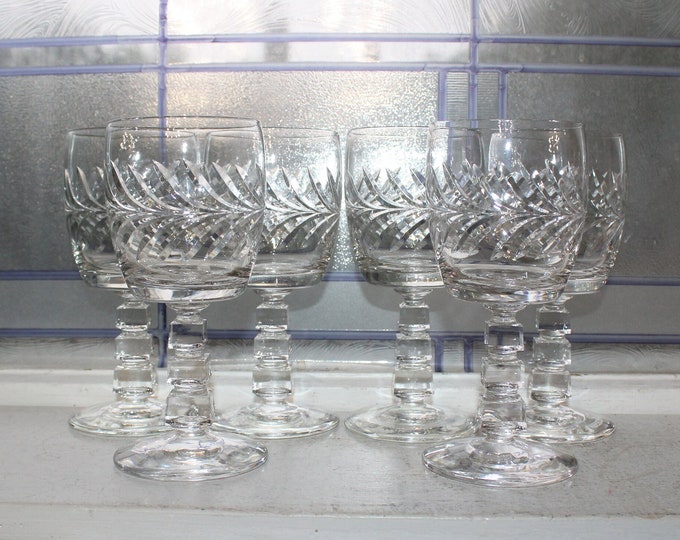 6 Vintage Elegant Cut Crystal Wine Glasses Ice Cube Stem