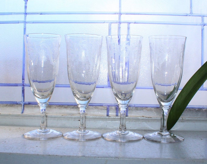 4 Vintage Etched Champagne Glasses Bohemia Crystal CRYSTALEX Thistle Pattern