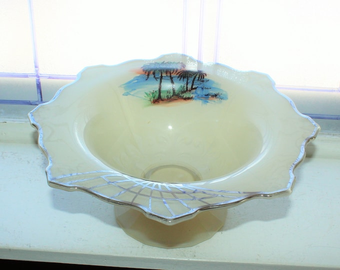 Art Deco Bowl Indiana Glass Tan with Silver Trim and Palm Trees