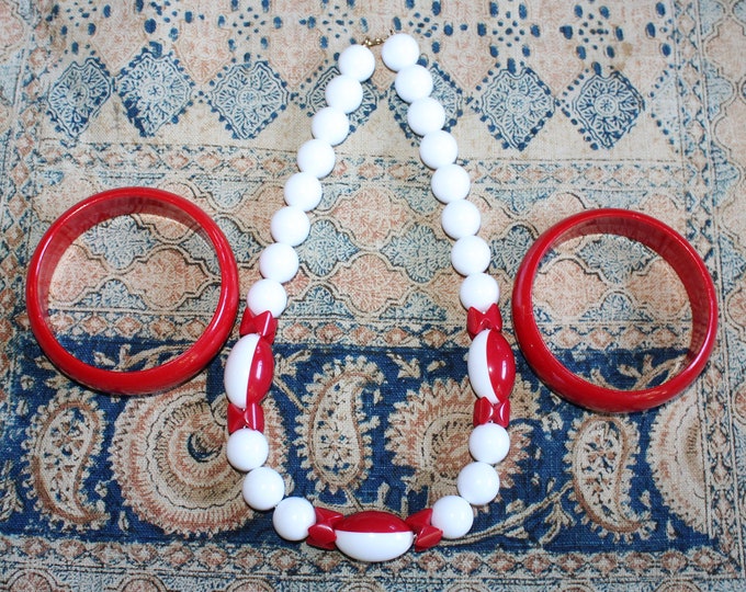 Vintage 80s Fashion Monet Necklace & Bracelets Red and White