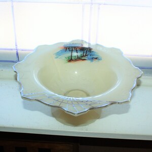 Art Deco Bowl Indiana Glass Tan with Silver Trim and Palm Trees