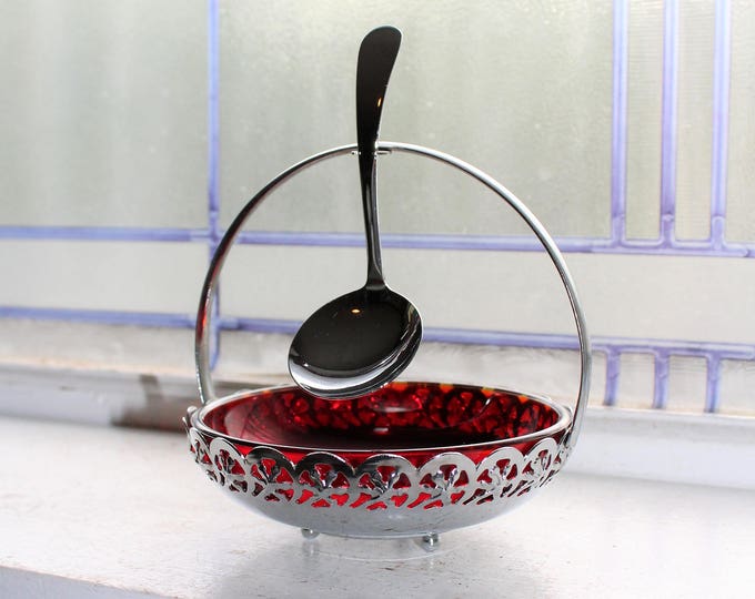 Royal Ruby Red Condiment Dish with Stand and Spoon Vintage 1960s