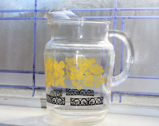 Vintage Glass Pitcher Black and Yellow Pattern Mid Century Decor