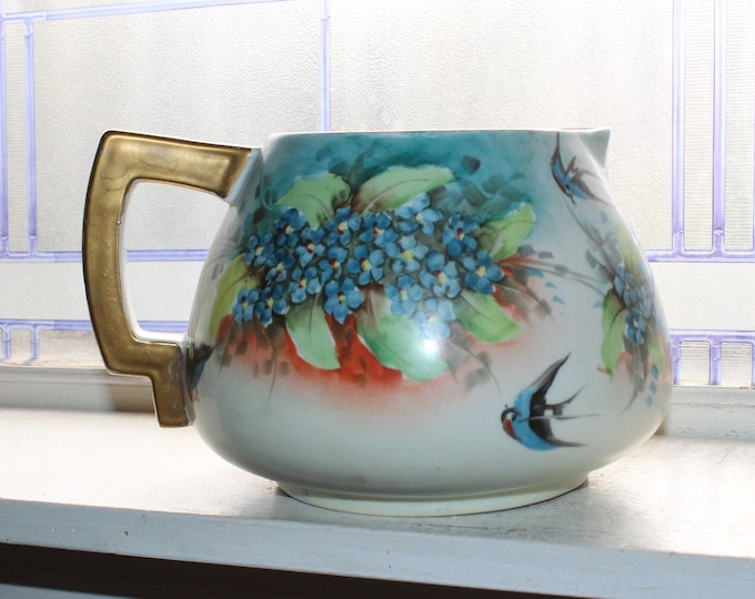 Antique Hand Painted Porcelain Bluebirds Pitcher TK Count Thun Czech
