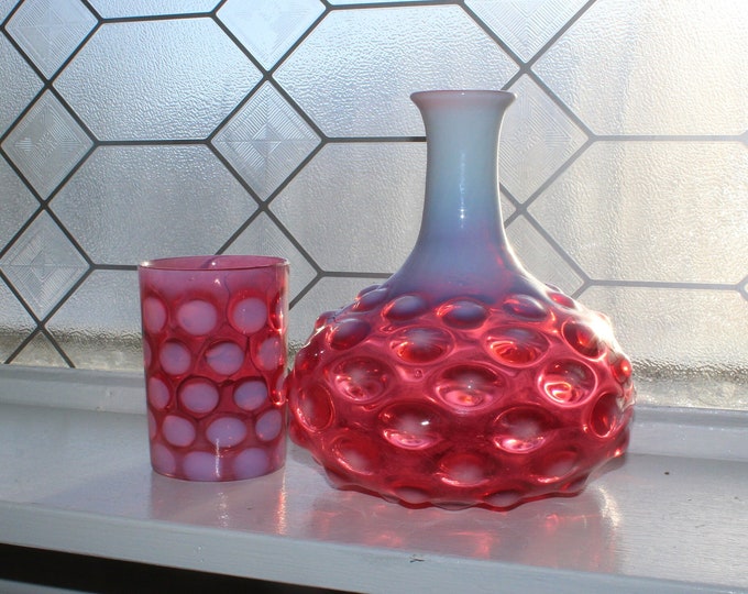 Antique Cranberry Opalescent Glass Bullseye Night Set Tumble Up