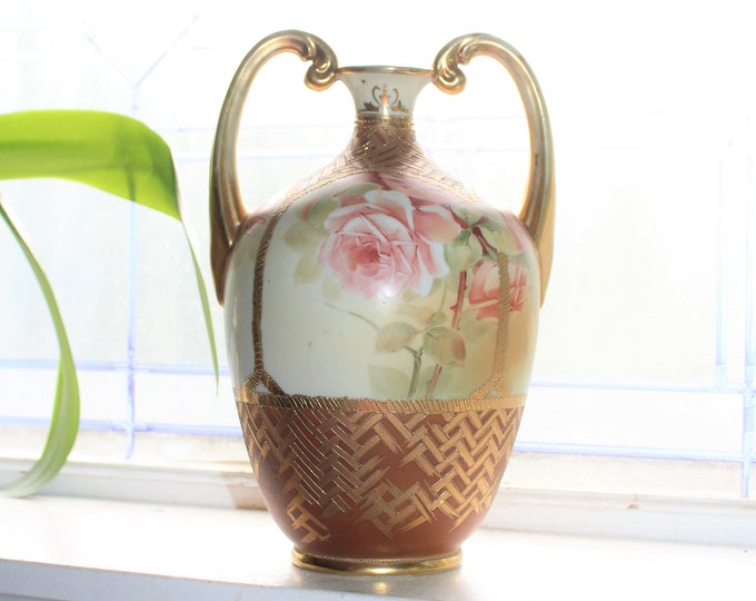 Large Antique Nippon Double Handled Vase Pink Flowers & Gilt Trim