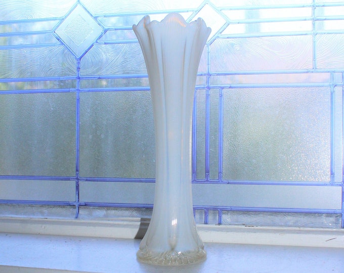 Antique Opalescent Stretch Glass Vase White Fenton Fine Rib