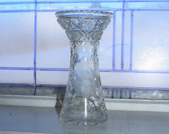 Vintage Cut Crystal Vase with Flared Top and Sawtooth Rim