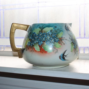 Antique Hand Painted Porcelain Bluebirds Pitcher TK Count Thun Czech