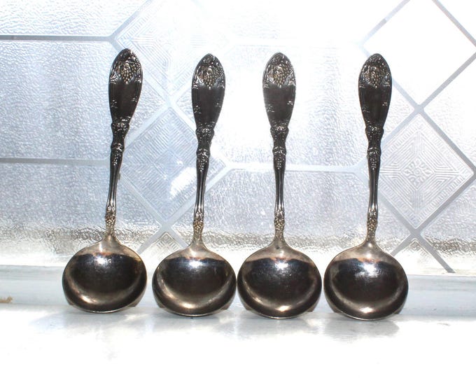 4 Antique 1881 Rogers Silverplate Lavigne Cream Soup Spoons with Round Bowl