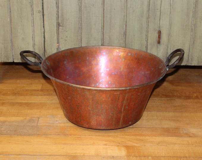 Large Antique Hand Hammered Copper Cauldron Kettle with Double Handles
