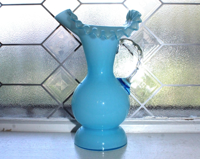 Fenton Blue Art Glass Pitcher with Ruffled Rim and Applied Bamboo Style Handle