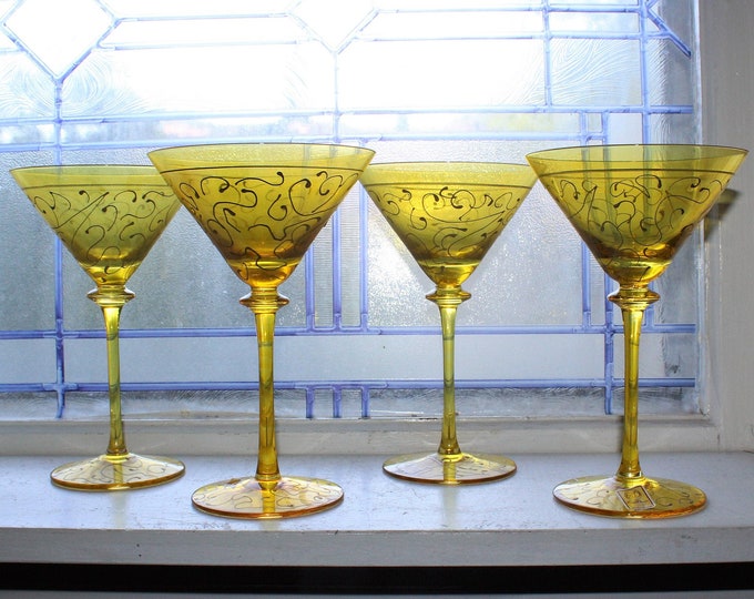 4 Hand Painted Crystal Large Martini Glasses Royal Danube Romania