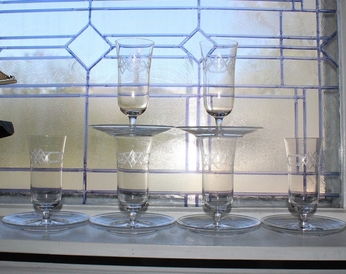 6 Fostoria Mission Art Deco Parfait Glasses with Under Plates Vintage 1920s