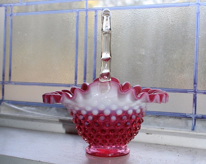 Cranberry Opalescent Hobnail Basket Vintage Pink Brides Basket