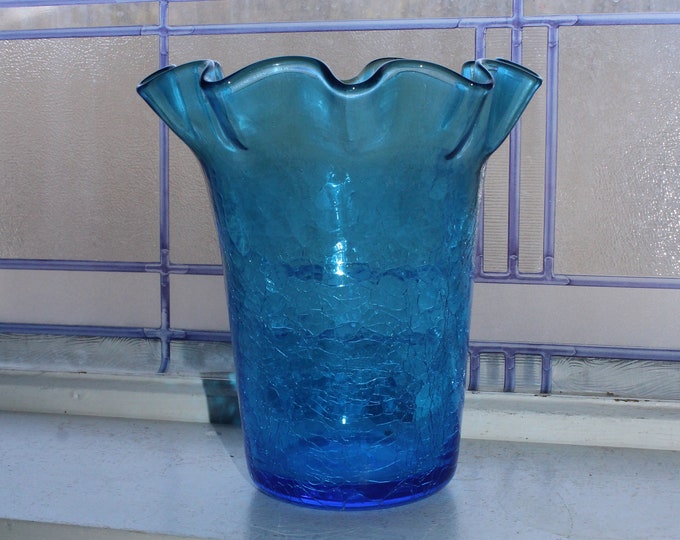 Large Mid Century Blenko Blue Crackle Glass Vase with Ruffled Rim