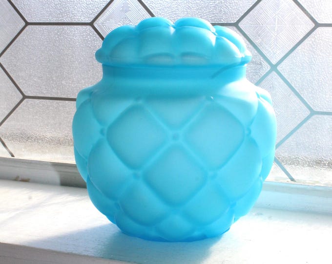 Antique Victorian Consolidated Glass Co. Quilted Blue Satin Glass Biscuit Jar