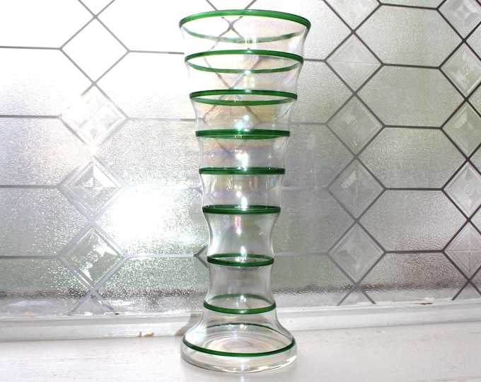 Large Vintage Art Deco Glass Vase Green Stripes on Clear 12 1/4"