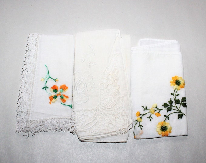 3 Vintage Ladies Handkerchiefs Mid Century White and Yellow