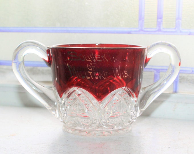 Milltown Wisconsin Ruby Flashed Glass Souvenir Sugar Bowl Antique EAPG