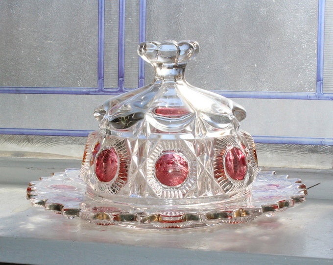 Antique EAPG Domed Butter Dish US Glass Newport Bullseye & Daisy