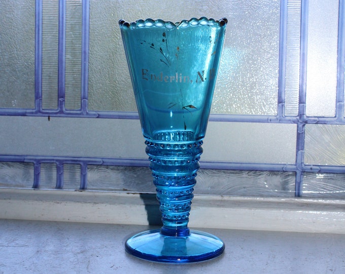 Antique Victorian Blue EAPG Glass Vase Souvenir of Enderlin ND