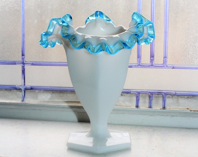 Vintage Fenton Glass Aqua Crest Vase