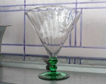 Antique Steuben Glass Fan Vase Green and Clear with Etched Ship