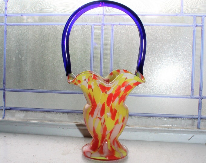 Vintage Czech Spatter Glass Basket Orange Yellow Blue