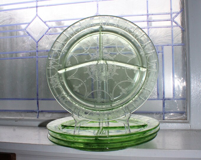 4 Green Depression Glass Grill Plates Cameo Ballerina Vintage 1930s