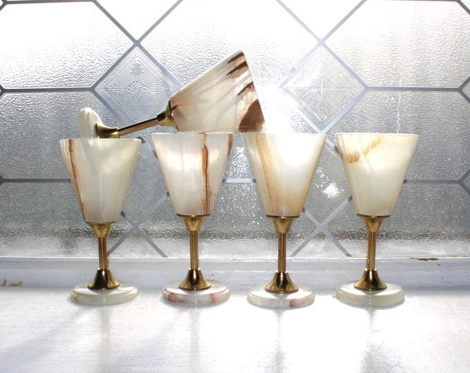 5 Vintage MCM Hollywood Regency Carved Onyx and Brass Cordial Glasses