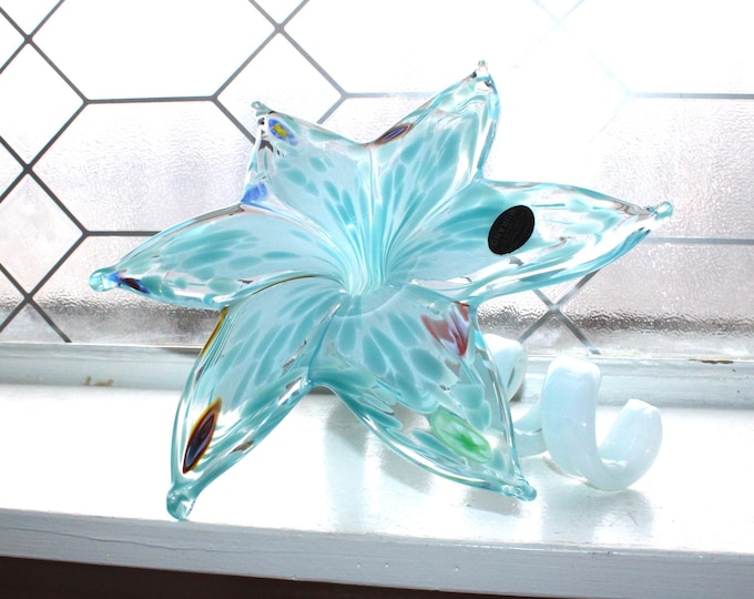 Large Mid Century Murano Glass Blue Flower Sculpture Nuova Cristalleria Arzanese