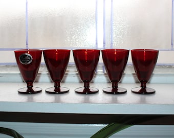 5 Vintage Royal Ruby Red Footed Juice Tumblers Anchor Hocking