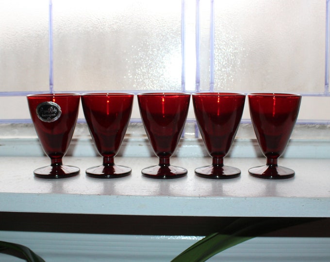 5 Vintage Royal Ruby Red Footed Juice Tumblers Anchor Hocking