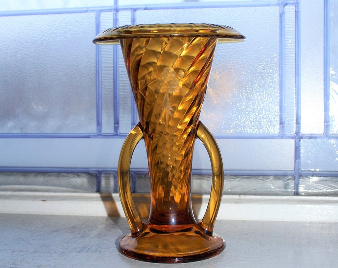 Vintage Art Deco Amber Glass Vase Double Handles Imperial Twisted Optic