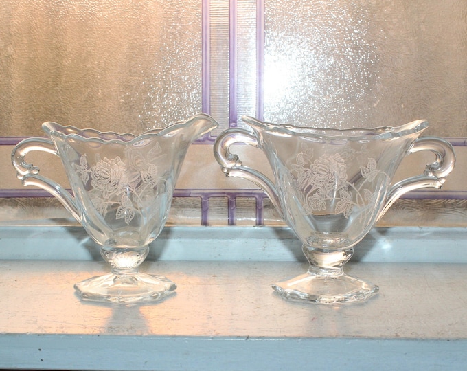 Elegant Heisey Glass Sugar and Creamer Rose Etch Vintage 1950s