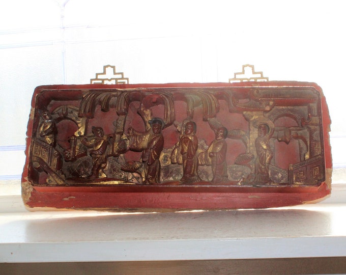 Antique Chinese Architectural Salvage Carve Wood Figures Board