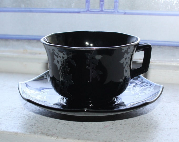 Vintage Art Deco LE Smith Black Glass Cup and Saucer Silver Overlay