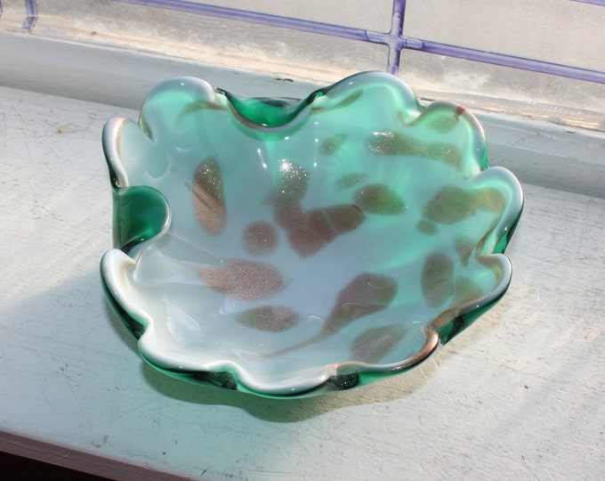 Vintage Murano Glass Bowl Green and White with Copper Aventurine