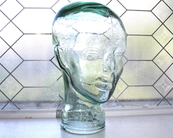 Vintage Green Blue Glass Life Sized Head Bust Model Mannequin