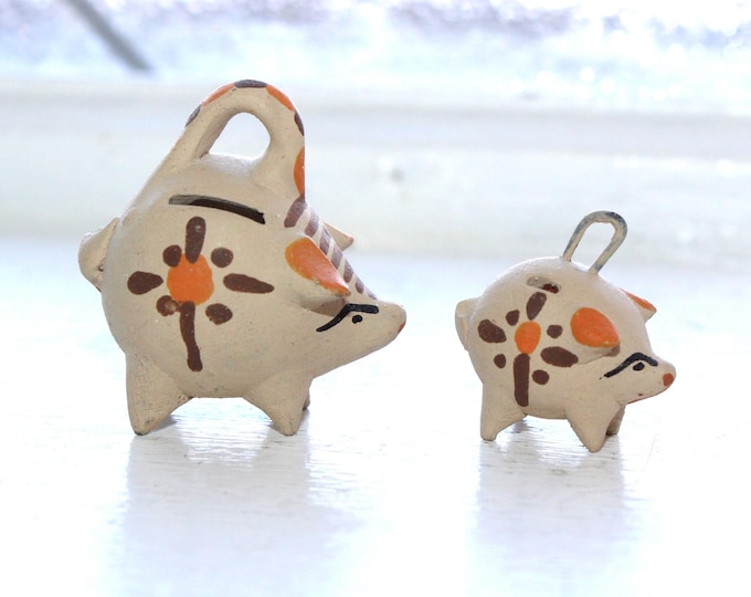 Vintage Mexican Folk Art Pottery Piggy Banks Pair Miniatures