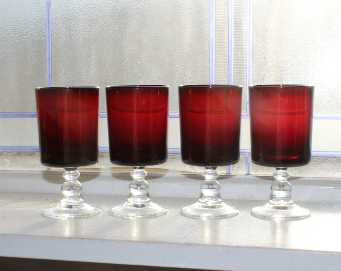 4 Luminarc Ruby Red Ball Stem Stemware Vintage Tumblers