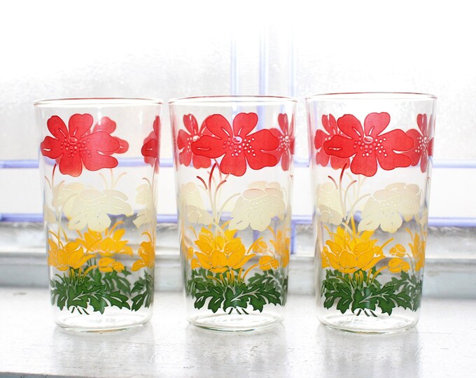 3 Mid Century Glass Tumblers Red White Yellow Green Flowers 1950s