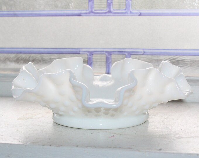 Vintage Milk Glass Hobnail Dish with Ruffled Rim