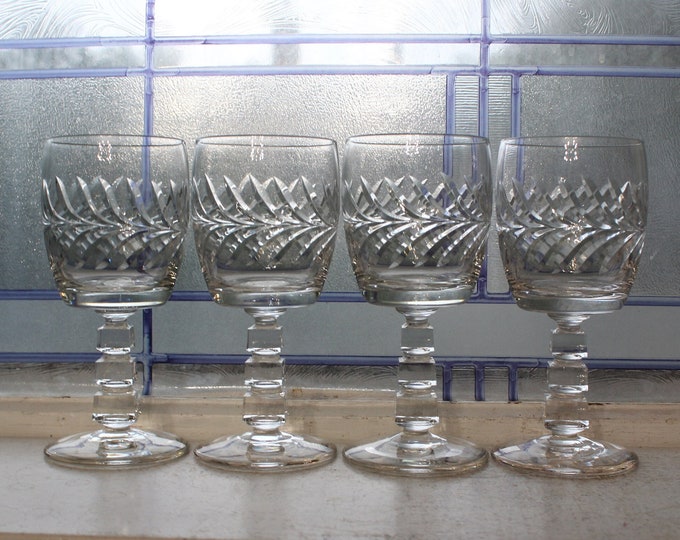 4 Vintage Elegant Cut Crystal Wine Glasses Ice Cube Stem