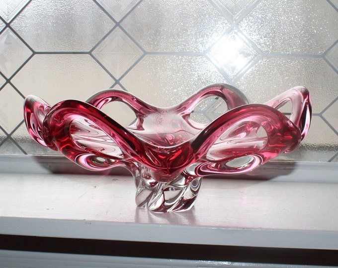 Large Vintage Bohemian Glass Cranberry Red Pedestal Bowl Open Edge