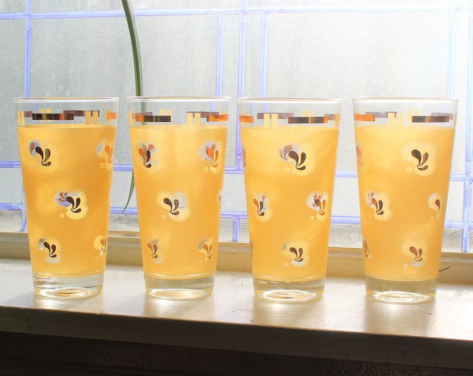 4 Mid Century Glass Tumblers Yellow and Gold 1950s