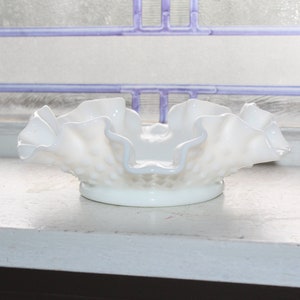 Vintage Milk Glass Hobnail Dish with Ruffled Rim